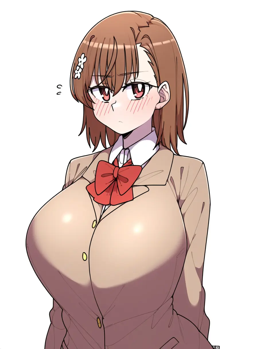 Image blush,bow,breasts,brown_eyes,female,large_breasts,looking_at_viewer,ai_generated,huge_breasts,school_uniform,brown_hair,to_aru_majutsu_no_index,misaka_mikoto,to_aru_kagaku_no_railgun