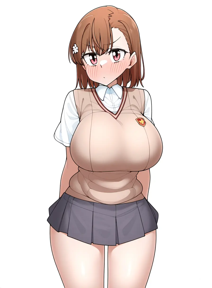 Image blush,bow,breasts,brown_eyes,female,large_breasts,looking_at_viewer,ai_generated,huge_breasts,school_uniform,brown_hair,to_aru_majutsu_no_index,misaka_mikoto,to_aru_kagaku_no_railgun