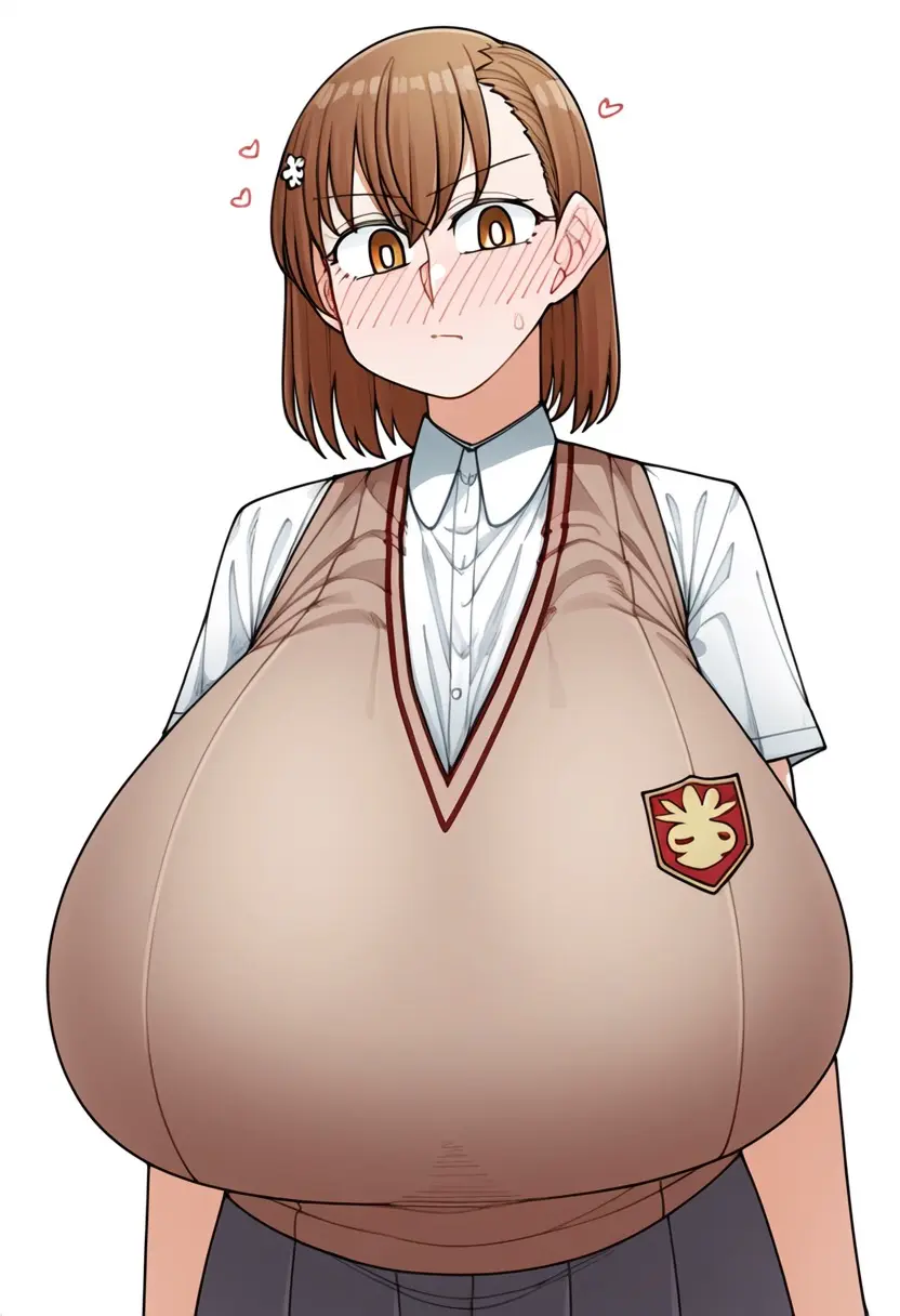 Image 1girls,blush,bow,breasts,brown_eyes,female,female_only,large_breasts,looking_at_viewer,solo,ai_generated,huge_breasts,breasts_bigger_than_head,gigantic_breasts,school_uniform,brown_hair,medium_hair,alternate_breast_size,heart,big_ears,breast_expansion,to_aru_majutsu_no_index,misaka_mikoto,to_aru_kagaku_no_railgun,tokiwadai_school_uniform,emblem,brown_sweater_vest,school_emblem,summer_uniform