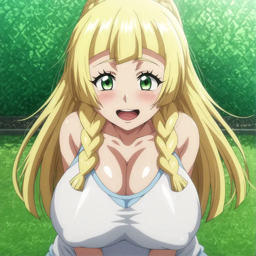Image big_breasts,blush,breasts,female,female_only,hi_res,highres,open_mouth,smile,solo,pokemon,ai_generated,bare_shoulders,cleavage,huge_breasts,blonde_hair,green_eyes,stable_diffusion,busty,curvy,nintendo,upper_body,white_shirt,big_nipples,twin_braids,facing_viewer,anime_style,pokemon_sm,game_freak,pokemon_(game),lillie_(pokemon),creatures_(company),perky_breasts,laughing,pokemon_trainer,seraphim_ai,pony_diffusion_xl