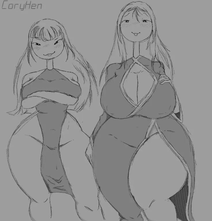 Image breasts,female,2girls,multiple_girls,thick_thighs,duo,artist_name,huge_breasts,self_upload,hand_on_breast,coryhen_(artist)