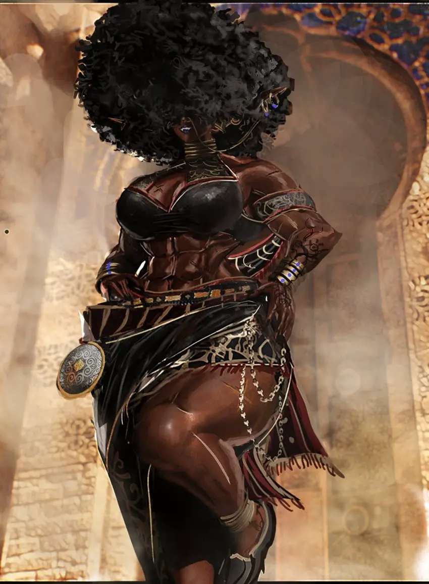 Image 1girls,big_breasts,breasts,clothed,female,female_only,long_hair,solo,black_hair,curly_hair,earrings,female_focus,thick_thighs,thighs,athletic,dark_skin,muscular,wide_hips,clothed_female,solo_female,solo_focus,huge_breasts,legs,dark-skinned_female,sharp_teeth,hourglass_figure,biceps,small_waist,thick_legs,sketch,abs,athletic_female,long_ears,muscular_female,toned,toned_female,hair_over_eyes,muscular_legs,muscular_thighs,toned_body,toned_stomach,hands_on_hips,afro,blinding_bangs,muslim,muslim_female,sharp_ears,bahaal_(jinn_hunter),jinn_hunter,venommoe
