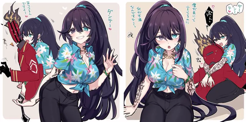 Image 1girls,big_breasts,blush,breasts,clothing,female,long_hair,looking_at_viewer,shirt,smile,sweat,ponytail,tattoo,heterochromia,edit,violet_hair,annoyed,rule_63,hug,tattoos,project_moon,limbus_company,dante_(limbus_company),hong_lu,hong_lu_(limbus_company)