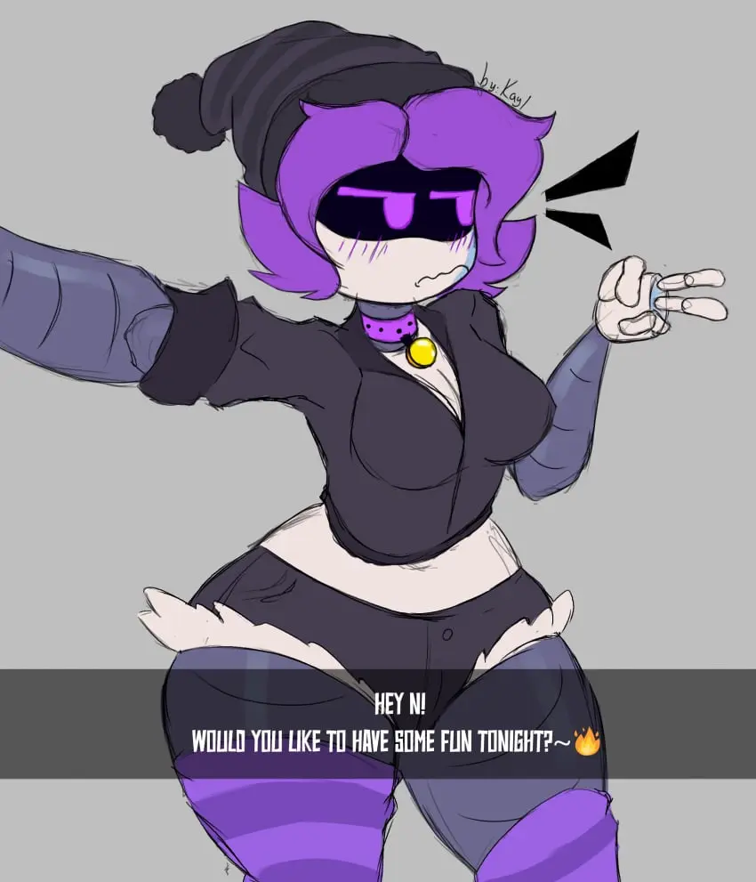 Image 1girls,blush,breasts,clothed,female,female_only,solo,ass,big_ass,huge_ass,thick_thighs,thighs,2d,text,tagme,medium_breasts,purple_eyes,alternate_version_available,purple_hair,collar,dialogue,english_text,big_thighs,thick_hips,dialogue_box,teasing,huge_thighs,robot,robot_girl,robot_humanoid,drone,kayl,murder_drones,uzi_(murder_drones)