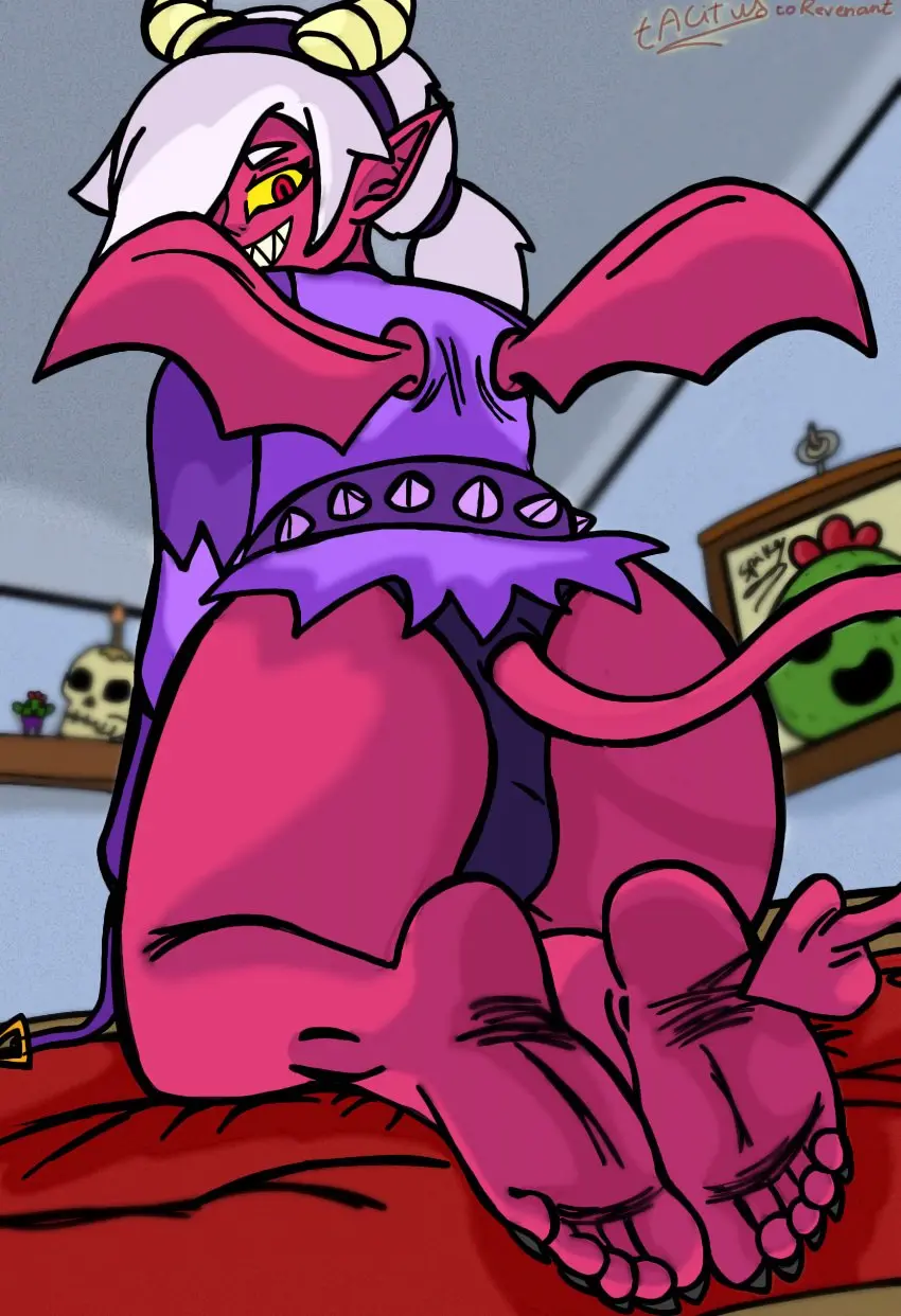 Image female,female_only,white_hair,pussy,female_focus,feet,horns,wings,foot_fetish,monster_girl,feet_up,demon,pointy_ears,demon_girl,soles,brawl_stars,toes,pink_skin,feet_together,sitting_on_floor,colette_(brawl_stars),confident,heart_tail,tacitusart,trixie_colette_(brawl_stars)