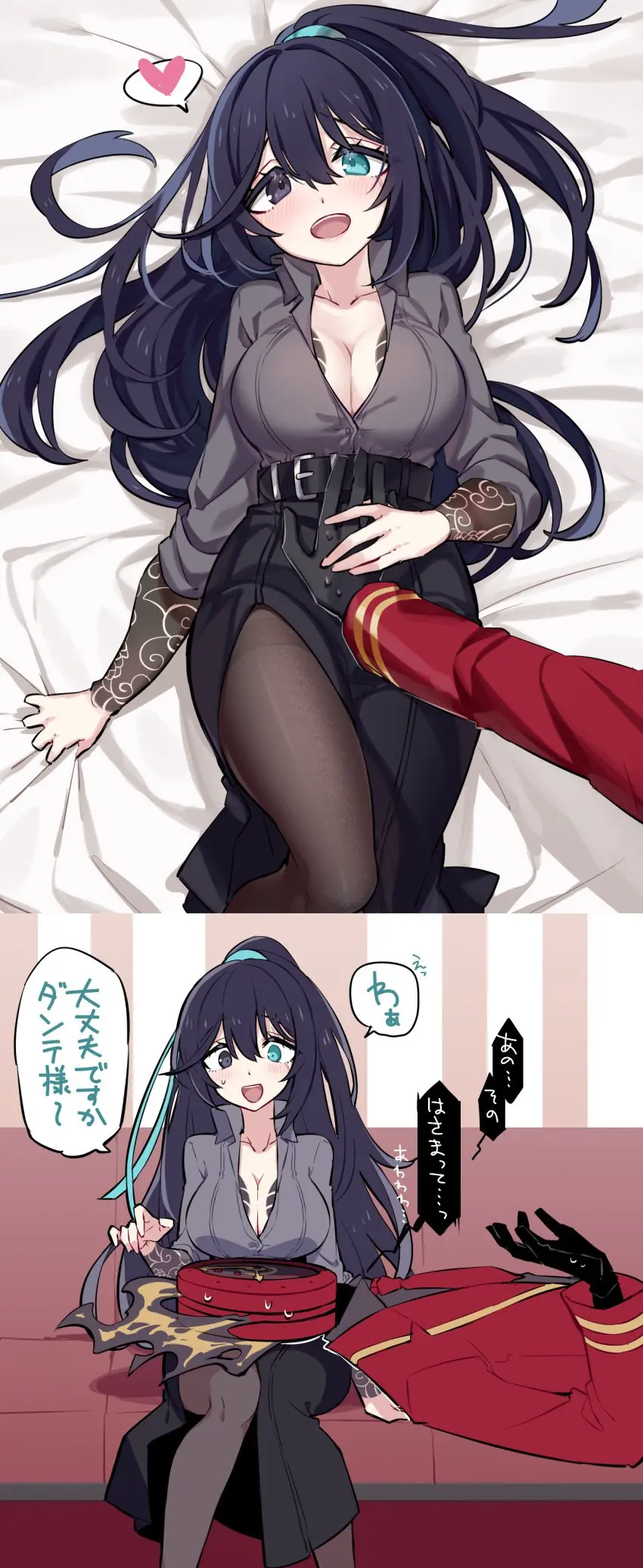 Image 1girls,big_breasts,breasts,clothing,female,long_hair,shirt,smile,sweat,thighs,ponytail,cleavage,tattoo,sitting,heterochromia,laying_down,violet_hair,pantyhose,rule_63,tattoos,project_moon,limbus_company,dante_(limbus_company),laying_on_person,hong_lu,hong_lu_(limbus_company)