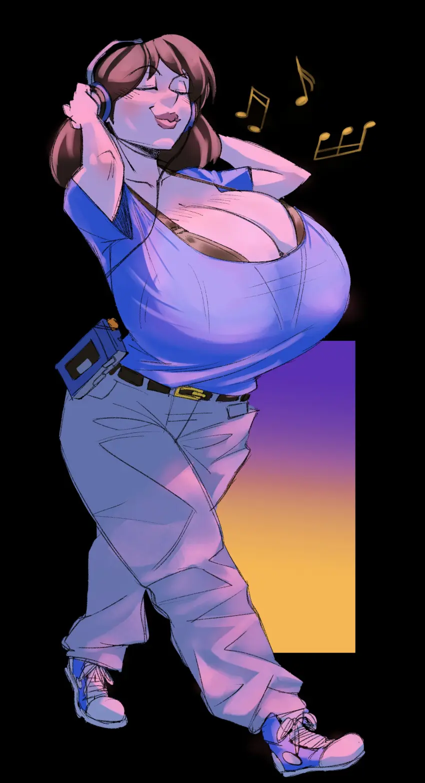 Image 1girls,big_breasts,breasts,female,bra,headphones,top_heavy,musical_note,auroch_nsfw,cassette_player