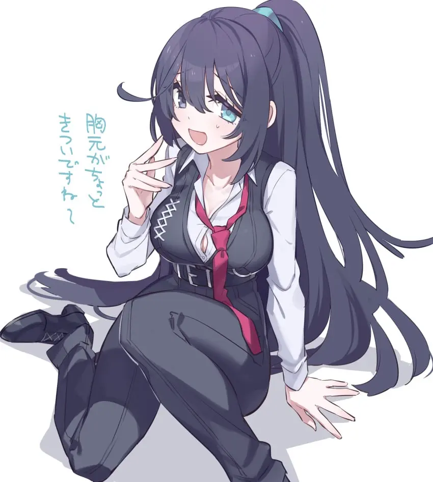Image 1girls,big_breasts,blush,breasts,clothing,female,long_hair,shirt,ponytail,cleavage,tattoo,sweatdrop,heterochromia,violet_hair,uniform,nervous,nervous_smile,rule_63,tattoos,project_moon,limbus_company,hong_lu,hong_lu_(limbus_company)