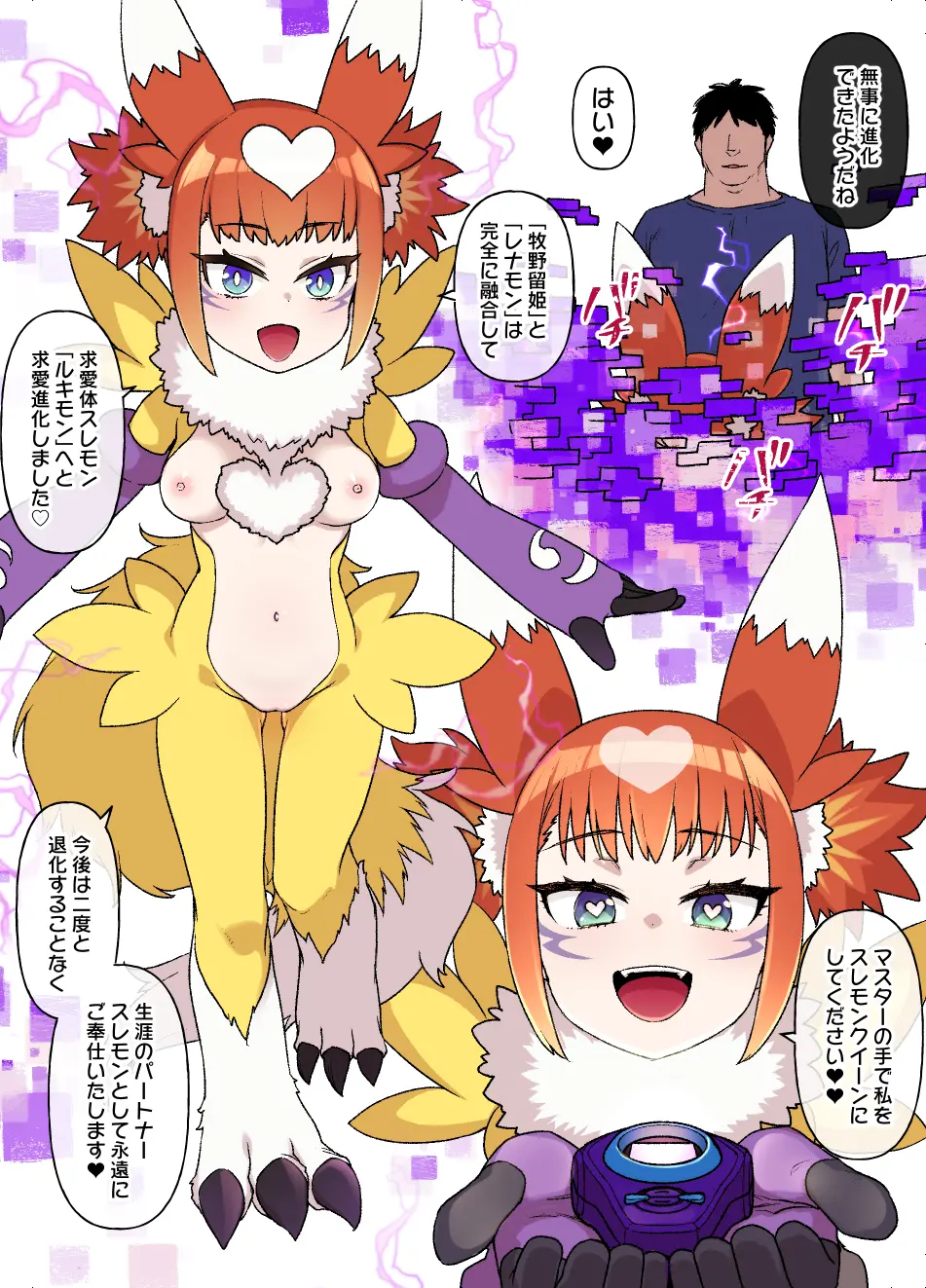 Image breasts,exposed_breasts,female,nipples,text,dialogue,translation_request,speech_bubble,japanese_text,digimon,renamon,transformation,fusion,corruption,post_transformation,fusion_character,rika_nonaka,vae_c