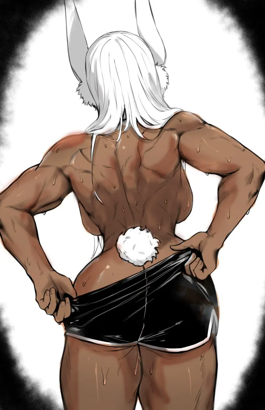 Image 1girls, big_breasts, breasts, clothing, female, female_only, human, large_breasts, long_hair, simple_background, solo, animal_ears, sweat, tail, ass, female_focus, thick_thighs, thighs, voluptuous, dark_skin, muscular, wide_hips, hips, bare_shoulders, color, solo_female, my_hero_academia, absurd_res, curvy, pinup, bunny_ears, back, dark-skinned_female, sweatdrop, topless, boku_no_hero_academia, faceless_female, revealing_clothes, shorts, ass_focus, bunny_tail, steam, skimpy, back_view, muscular_female, backboob, miruko, rumi_usagiyama, color_edit, masoq095, struggling_to_fit, pulling_up_shorts