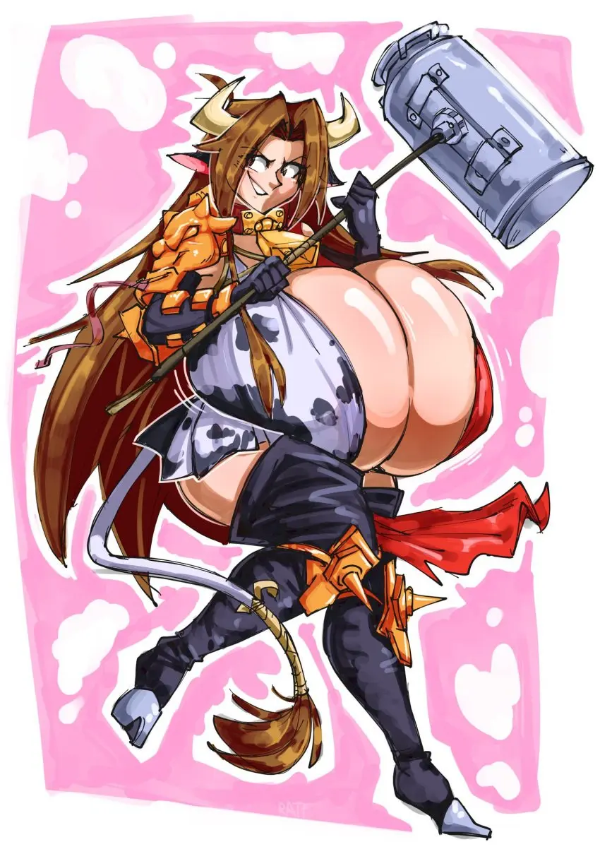 Image 1girls,breasts,female,cleavage,huge_breasts,original_character,brown_hair,cow_print,weapon,cow_girl,top_heavy,cow_ears,cow_horns,cow_tail,cowbell,hammer,auroch_nsfw,matsu-sensei,mattie_(matsu-sensei)
