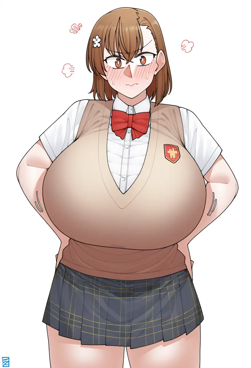 Image 1girls,blush,bow,breasts,brown_eyes,female,female_only,large_breasts,looking_at_viewer,solo,ai_generated,solo_female,huge_breasts,breasts_bigger_than_head,gigantic_breasts,massive_breasts,school_uniform,brown_hair,medium_hair,alternate_breast_size,heart,angry,big_ears,pouting,breast_expansion,to_aru_majutsu_no_index,misaka_mikoto,to_aru_kagaku_no_railgun,red_bowtie,tokiwadai_school_uniform,emblem,brown_sweater_vest,school_emblem,summer_uniform,ekz_(style)