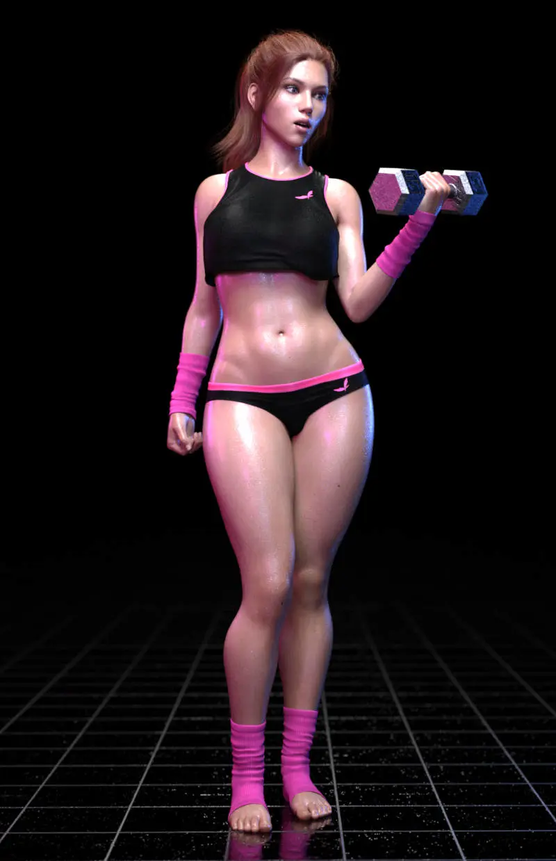 Image 1girls,female,panties,original,brown_hair,3d,crop_top,arm_warmers,dumbbell,ironclawroo,workout_girl_(ironclawroo)