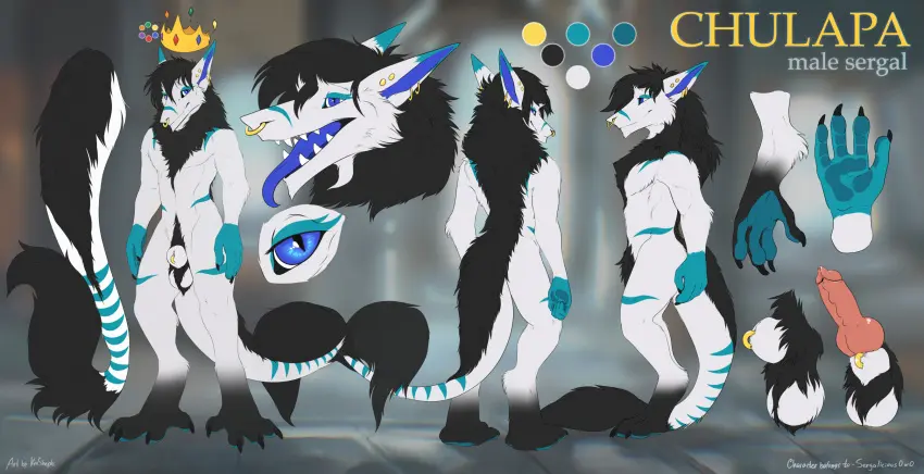 Image hi_res,open_mouth,smile,standing,male,penis,tail,tongue_out,tongue,feet,headgear,side_view,balls,hair,anthro,piercing,genitals,claws,ear_piercing,4_fingers,fingers,toes,animal_genitalia,knot,sheath,tuft,crown,pawpads,genital_piercing,model_sheet,ring_piercing,tail_tuft,nose_piercing,nose_ring,facial_piercing,neck_tuft,ball_tuft,furgonomics,furry-specific_piercing,sergal,prehensile_feet,sheath_piercing,kinsheph,back_tuft,king_chulapa