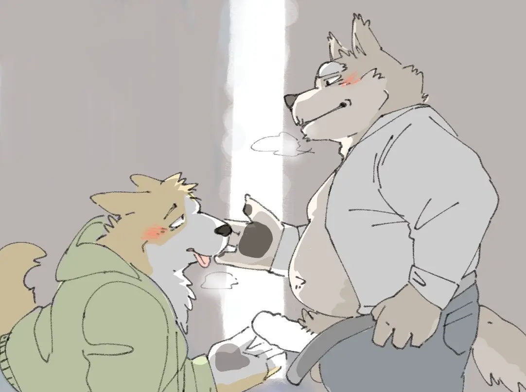 Image blush,clothing,shirt,male,penis,tongue_out,tongue,duo,erection,belly,balls,anthro,censored,canid,canine,canis,domestic_dog,genitals,mammal,black_nose,2024,topwear,overweight,moobs,overweight_male,kemono,fugashi4090