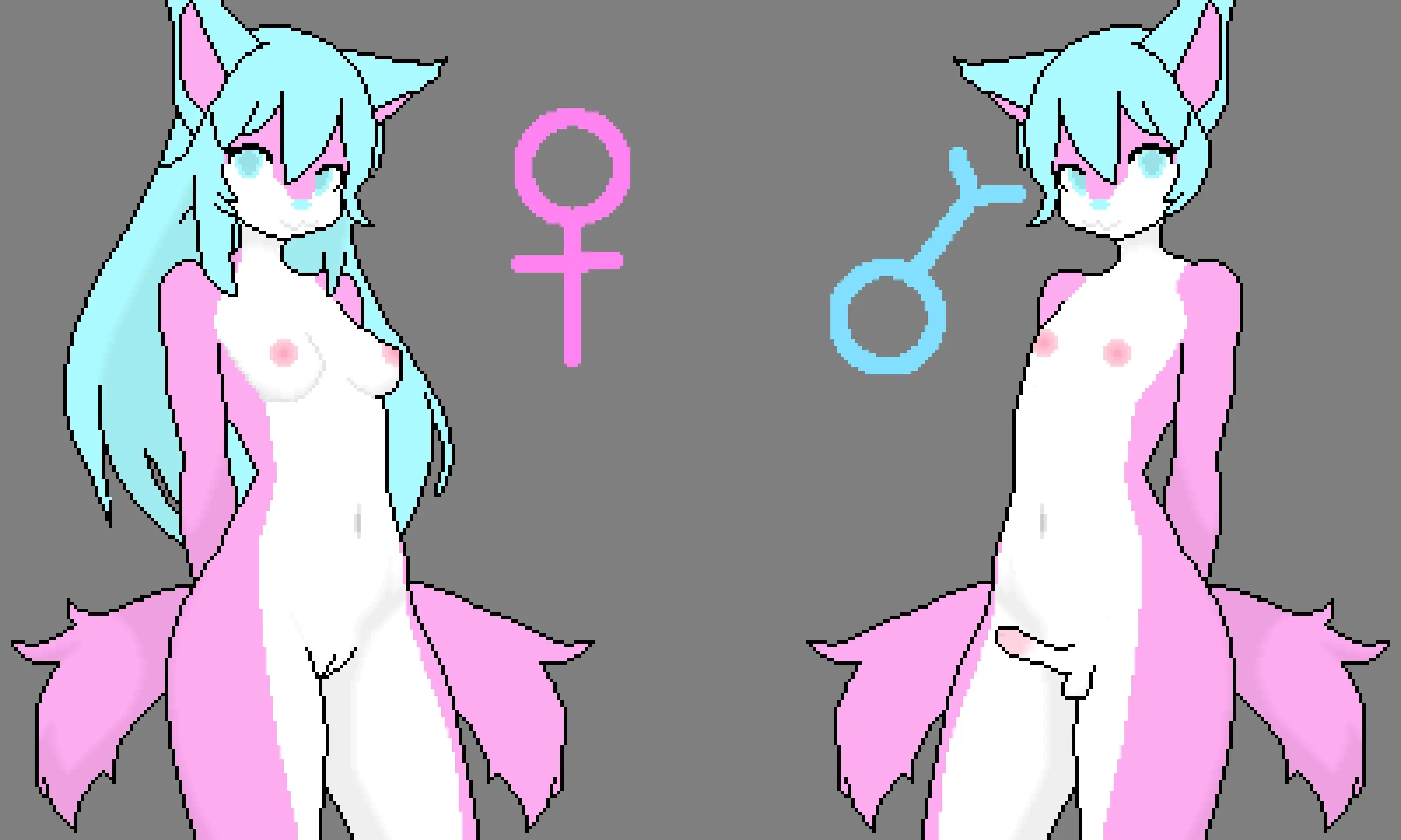 Image breasts, female, hi_res, blue_hair, male, navel, nude, penis, pussy, tail, duo, areola, digital_media_(artwork), hair, male/female, anthro, medium_breasts, canid, canine, canis, fur, genitals, mammal, wolf, pink_areola, white_body, white_fur, pink_body, pink_fur, 5:3, multi_tail, 2_tails, pixel_(artwork), hikaridraws, sarah_(hikaridraws)