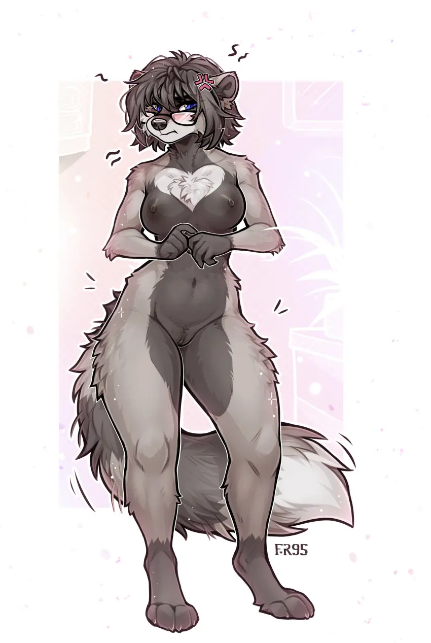 Image breasts,female,hi_res,nipples,solo,black_hair,blue_eyes,navel,nude,pussy,tail,hair,anthro,original_character,absurd_res,genital_fluids,bodily_fluids,canid,fur,genitals,grey_body,grey_fur,mammal,front_view,pouting,fluffy,fluffy_tail,tuft,digitigrade,emanata,chest_tuft,f-r95