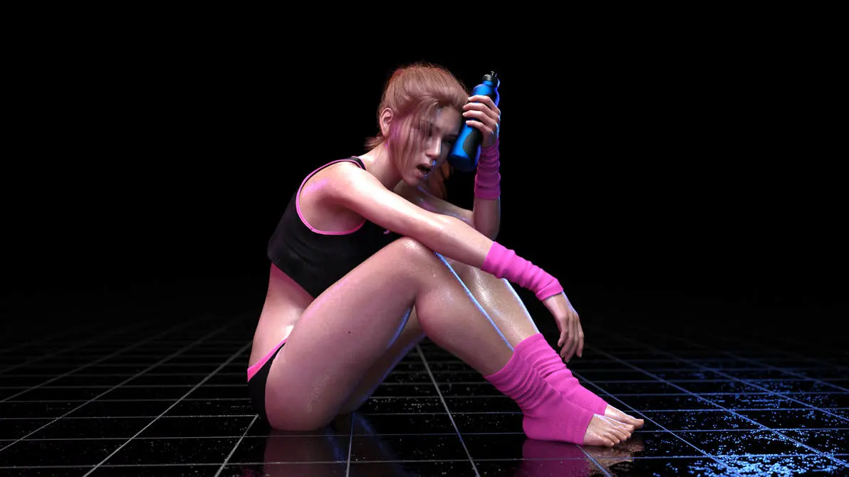 Image 1girls,female,panties,original,brown_hair,3d,crop_top,arm_warmers,ironclawroo,workout_girl_(ironclawroo)