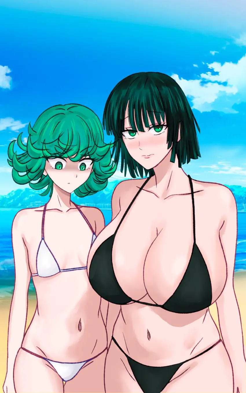 Image big_breasts,blush,breasts,female,female_only,large_breasts,2girls,multiple_girls,short_hair,bikini,small_breasts,beach,cleavage,hair,huge_breasts,green_eyes,green_hair,sisters,white_bikini,bikini_top,black_bikini,bikini_bottom,mother_daughter_boob_envy_(meme),swimwear,topwear,meme,dark_green_hair,one-punch_man,tatsumaki,bottomwear,fubuki_(one-punch_man),breast_envy,looking_at_breasts,izunomi