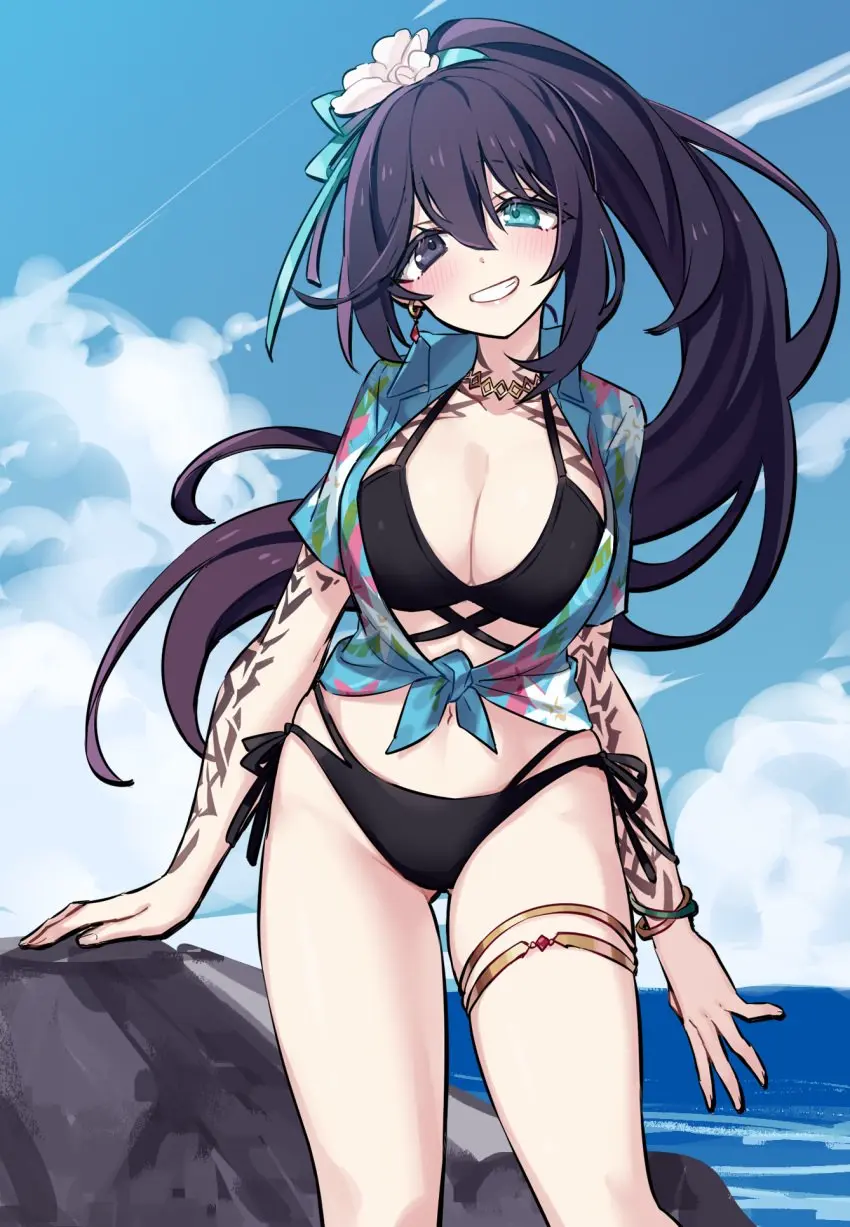 Image 1girls,big_breasts,blush,breasts,clothing,female,long_hair,open_clothes,shirt,smile,standing,bikini,ponytail,flower_in_hair,cleavage,tattoo,flower,heterochromia,violet_hair,rule_63,tattoos,seaside,project_moon,limbus_company,hong_lu,hong_lu_(limbus_company)
