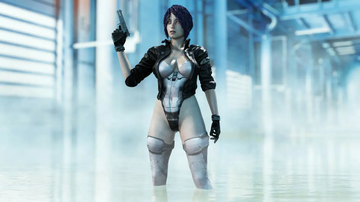 Image 1girls,female,purple_hair,3d,jacket,leotard,weapon,gun,leather_jacket,ghost_in_the_shell,kusanagi_motoko,ironclawroo