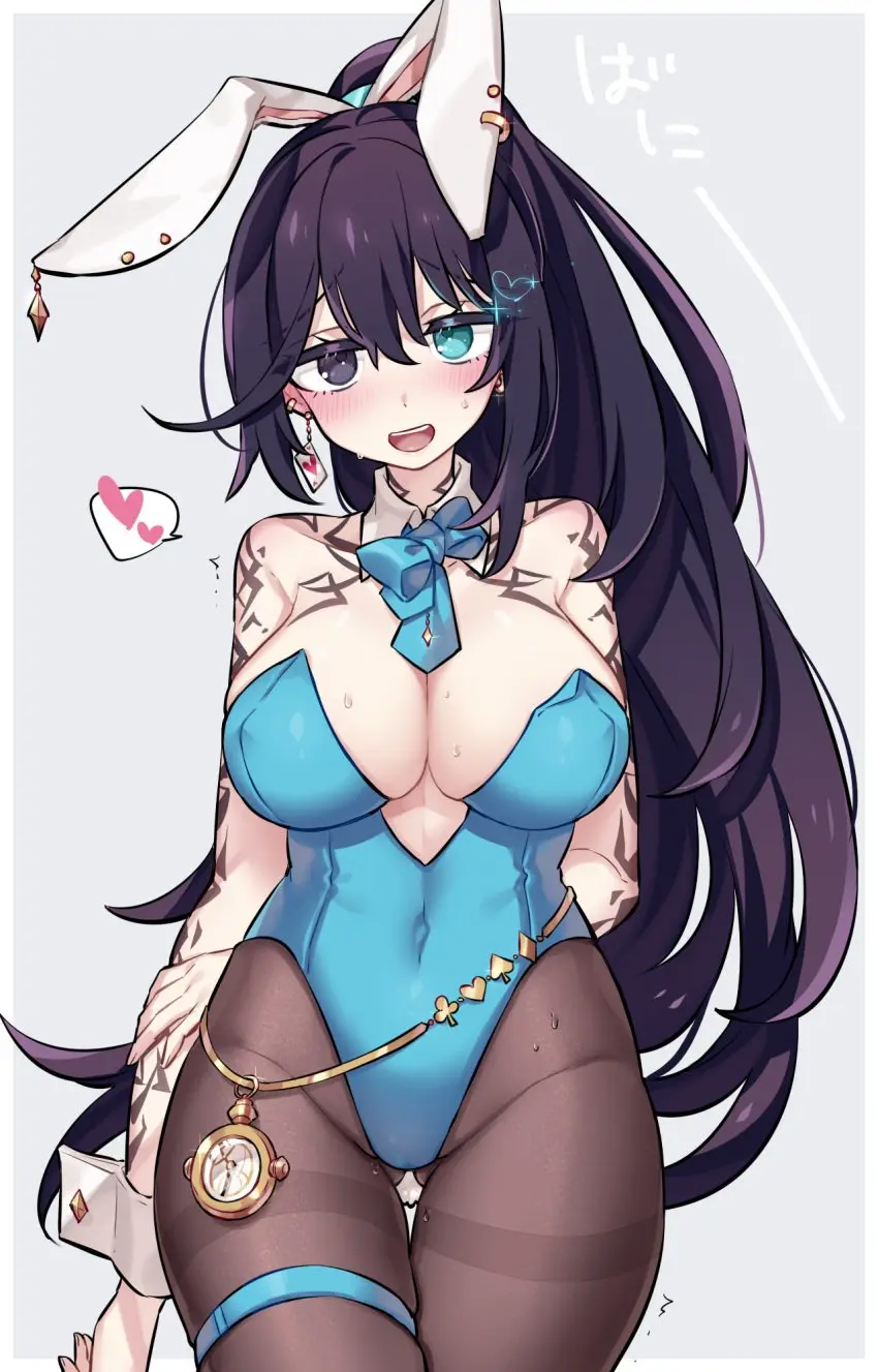 Image 1girls,big_breasts,blush,breasts,clothing,female,long_hair,looking_at_viewer,smile,earrings,thick_thighs,ponytail,cleavage,jewelry,tattoo,bunny_ears,heterochromia,bunnysuit,skimpy,necktie,corset,violet_hair,pantyhose,rule_63,tattoos,clock,project_moon,limbus_company,hong_lu,hong_lu_(limbus_company)