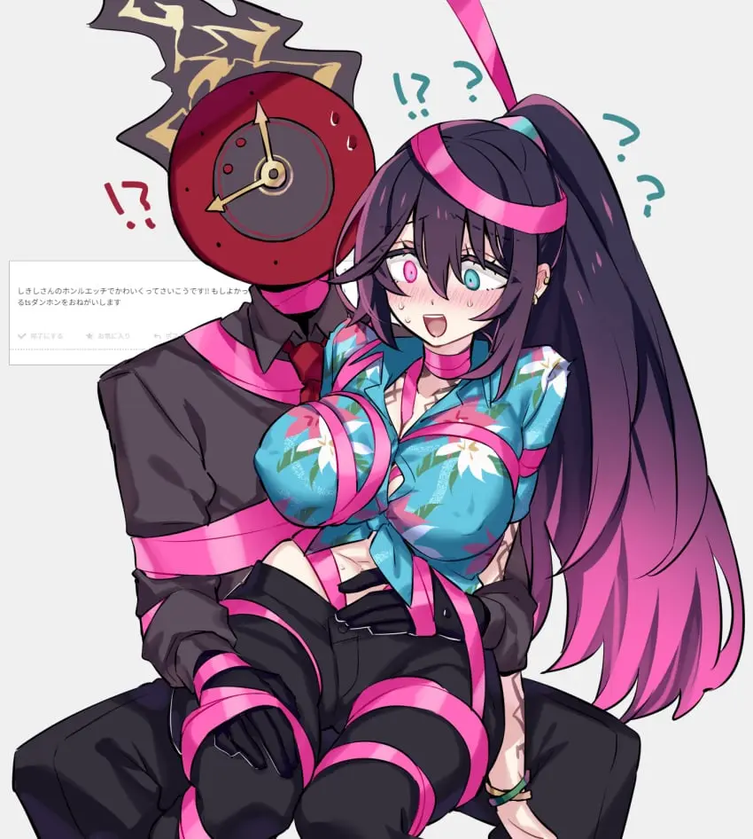 Image 1girls,big_breasts,blush,breasts,clothing,female,long_hair,shirt,blue_eyes,sweat,ponytail,tattoo,pink_eyes,sitting,heterochromia,erect_nipples,violet_hair,hypnosis,nervous,nervous_smile,rule_63,sitting_on_lap,stripes,tattoos,corruption,project_moon,limbus_company,dante_(limbus_company),hong_lu,hong_lu_(limbus_company)