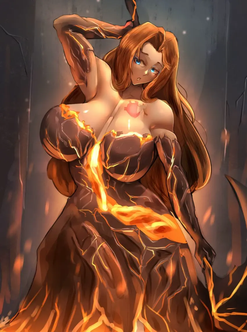 Image 1girls,big_breasts,breasts,clothing,female,long_hair,solo,standing,blue_eyes,voluptuous,cleavage,tattoo,busty,brown_hair,project_moon,upscaled,limbus_company,lava,outfit,magma,rodion_(limbus_company),manob0028