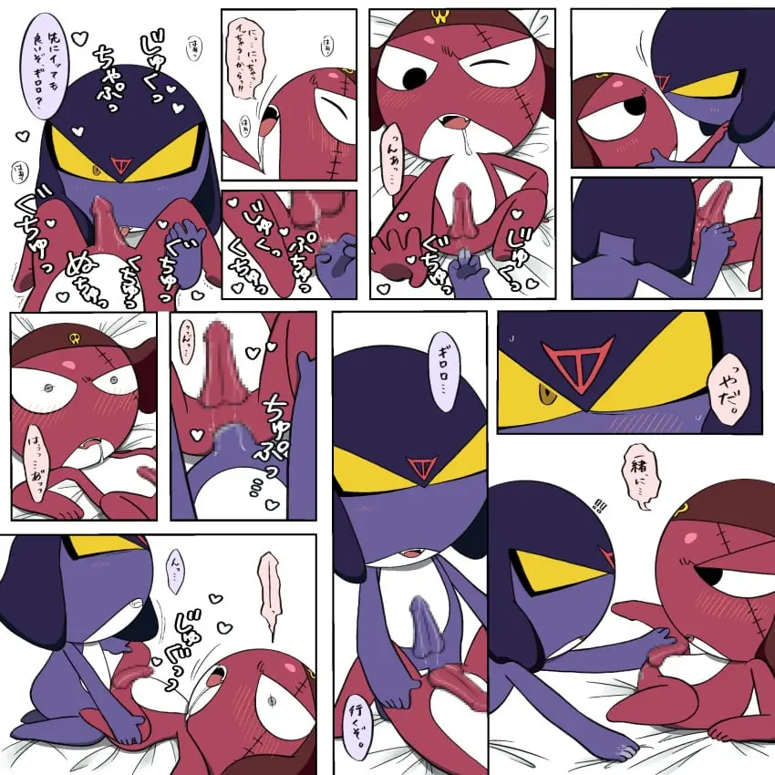 Image blush,clothing,hi_res,licking,male,oral,penis,tongue,bedroom_eyes,hat,seductive,sex,duo,erection,headwear,anal,anal_sex,male/male,digital_drawing_(artwork),digital_media_(artwork),headgear,text,spread_legs,spreading,censored,censored_penis,penetration,comic,bodily_fluids,genitals,looking_at_another,fingering,eye_contact,anal_juice,narrowed_eyes,surprised_expression,purple_body,translation_request,scar,non-human,japanese_text,blush_lines,penile,toony,eye_scar,facial_scar,penis_lick,red_body,mostly_nude,anal_fingering,censored_genitalia,brother_(lore),incest_(lore),sibling_(lore),non-human_only,headgear_only,bedding,hat_only,headwear_only,amphibian,frog,bedding_background,floating_hearts,brothers_(lore),heart_after_text,keronian,keroro_gunsou,96g6_co,giroro,garuru