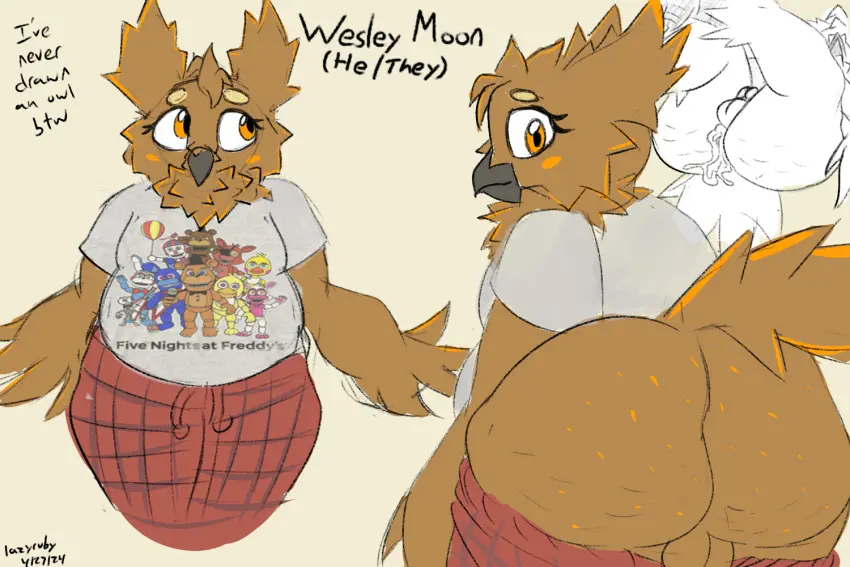 Image clothing, solo, cum, male, ass, freckles, cum_in_ass, male_only, anthro, cum_inside, presenting, genital_fluids, slightly_chubby, bodily_fluids, presenting_hindquarters, avian, bird, owl, five_nights_at_freddy's, scottgames, pajamas, cellulite, freckled_butt, rubyyoulazycat, wesley_moon(rubyyoulazycat)