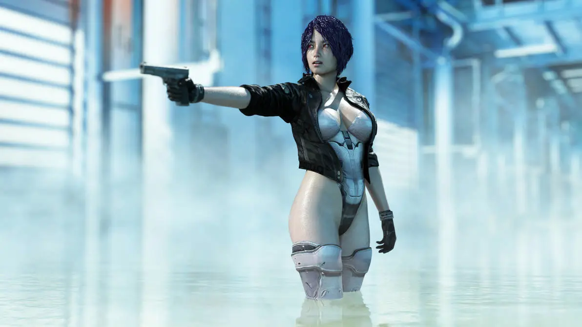 Image 1girls,female,purple_hair,3d,bimbo,jacket,leotard,asian,asian_female,weapon,gun,asian_bimbo,ghost_in_the_shell,kusanagi_motoko,ironclawroo