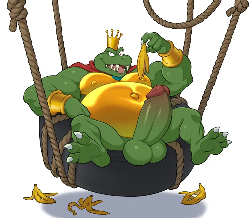 Image clothing,hi_res,solo,male,penis,big_penis,erection,humanoid_penis,feet,belly,big_belly,headgear,balls,anthro,nintendo,genitals,claws,cape,green_body,scalie,4_fingers,fingers,humanoid_genitalia,toes,glans,plant,overweight,red_clothing,crown,green_penis,overweight_male,3_toes,food,overweight_anthro,fruit,donkey_kong_(series),red_cape,green_balls,banana_peel,banana,analon_(artist),k_rool,kremling,tire_swing,toomanyboners