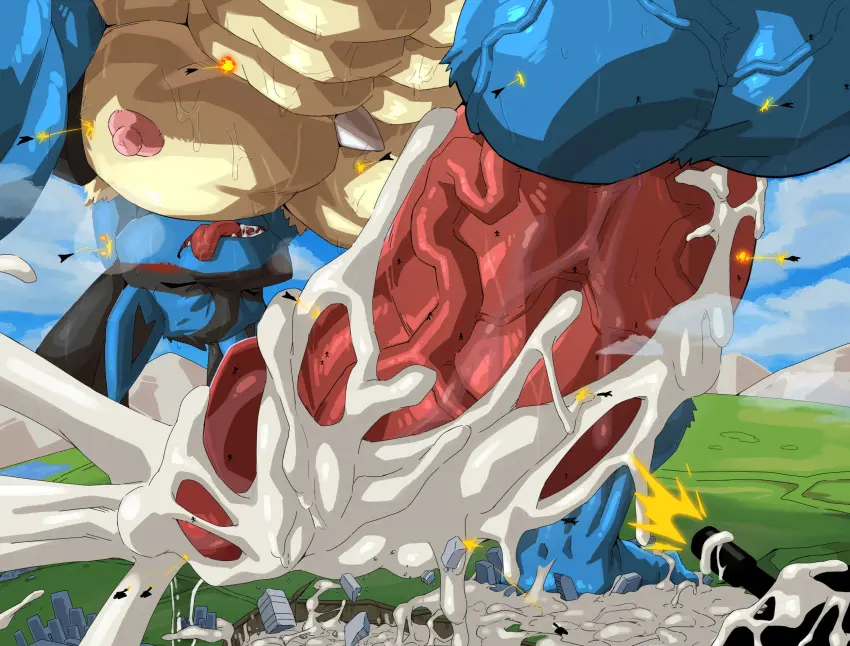 Image blush,hi_res,nipples,solo,cum,male,penis,pokemon,pokemon_(species),tongue_out,tongue,big_penis,erection,humanoid_penis,balls,cloud,closed_eyes,nintendo,genital_fluids,orgasm,bodily_fluids,canid,canine,genitals,mammal,all_fours,excessive_cum,excessive_genital_fluids,blue_body,humanoid_genitalia,generation_4_pokemon,smoke,cum_on_ground,macro,city,vehicle,destruction,lucario,spines,explosion,aircraft,airplane,togepi1125,flooding,laser,landscape_dwarfing,metaball