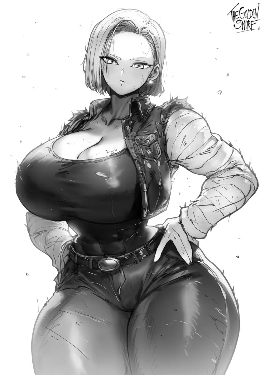 Image 1girls,breasts,female,alternate_color,short_hair,huge_ass,voluptuous,wide_hips,cleavage,gigantic_breasts,android_18,dragon_ball,curvy,alternate_version_available,cameltoe,monochrome,thick_lips,puffy_nipples,erect_nipples,jeans,short_hair_female,huge_areolae,thegoldensmurf