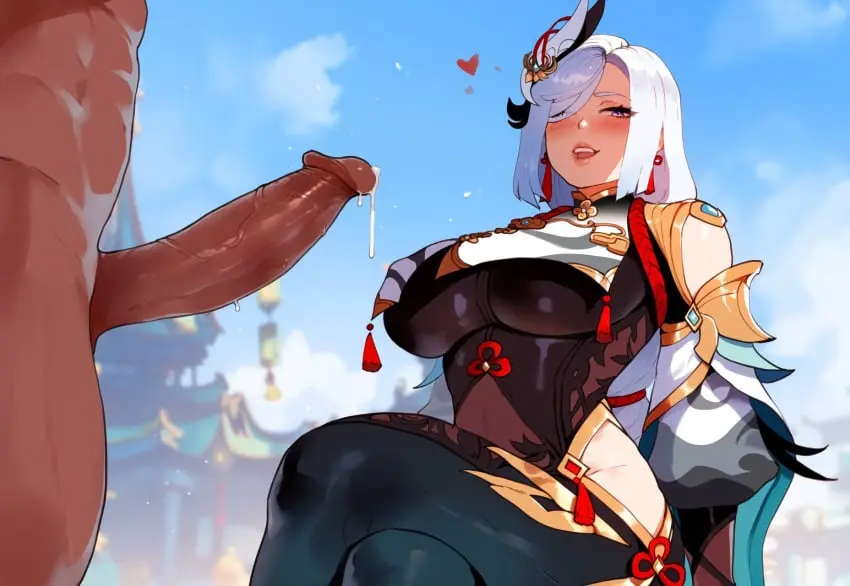 Image 1girls, blush, breasts, female, large_breasts, long_hair, open_mouth, 1boy, bangs, cum, male, penis, thick_thighs, thighs, dark-skinned_male, sky, ai_generated, tagme, lips, genshin_impact, precum, heart, large_penis, rape, bodysuit, dripping_cum, day, clouds, imminent_sex, raised_eyebrows, imminent_oral, imminent_rape, thiccwithaq_(ai_style), shenhe_(genshin_impact), miyuai