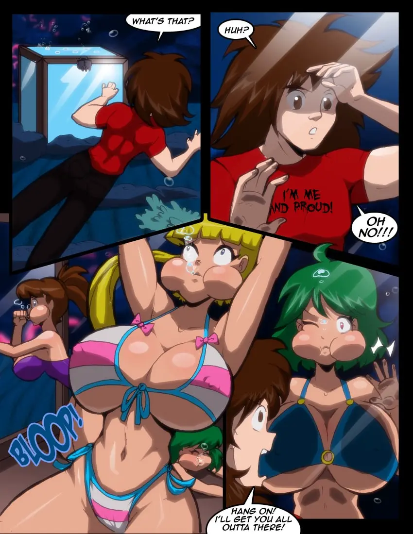 Image big_breasts,breasts,clothing,female,large_breasts,1boy,male,bikini,huge_breasts,3girls,underwater,drowning,puffy_cheeks,air_bubbles,severflame
