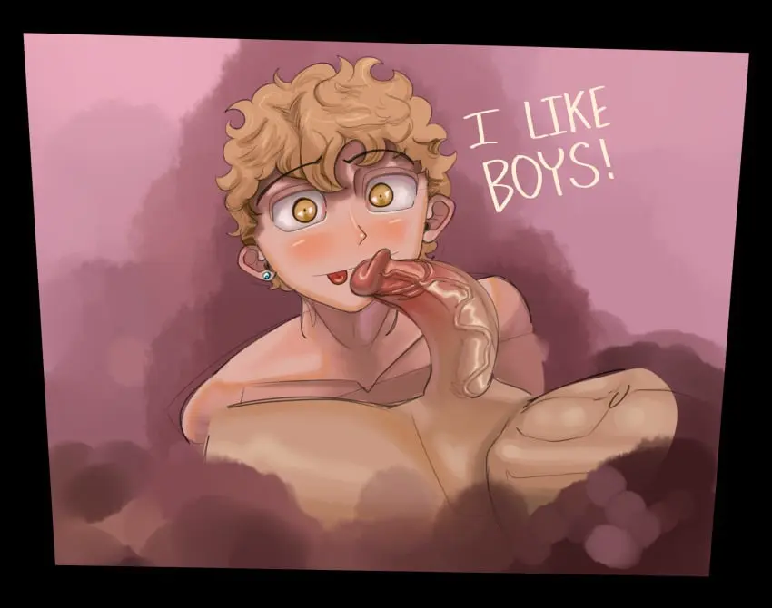Image blush,looking_at_viewer,male,penis,tongue_out,yellow_eyes,tongue,big_penis,2boys,text,blonde_hair,gay,skinny,young,imminent_sex,face_closeup,fm001