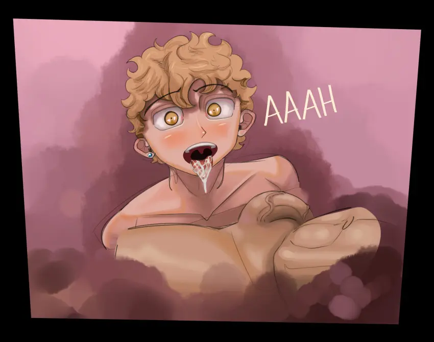 Image blush,looking_at_viewer,cum,cum_on_tongue,male,penis,tongue_out,yellow_eyes,tongue,big_penis,2boys,blonde_hair,after_sex,gay,skinny,young,imminent_sex,face_closeup,fm001