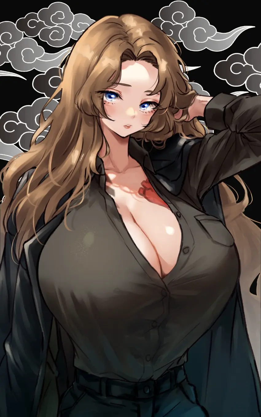 Image 1girls,big_breasts,blush,breasts,clothing,female,long_hair,looking_at_viewer,shirt,solo,standing,blue_eyes,hand_on_head,cleavage,tattoo,brown_hair,tight_clothing,project_moon,limbus_company,rodion_(limbus_company)