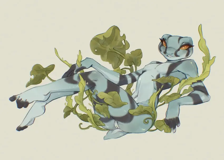 Image breasts,female,hi_res,looking_at_viewer,simple_background,smile,solo,navel,nude,pussy,tail,colored,small_breasts,orange_eyes,smiling_at_viewer,digital_media_(artwork),eyelashes,anthro,genitals,blue_body,plant,short_tail,blue_skin,stripes,featureless_breasts,full-length_portrait,portrait,striped_body,innie_pussy,reclining,amphibian,frog,leaf,black_stripes,tree_frog,amazon_milk_frog,oblivionsgate,pip_(oblivionsgate)