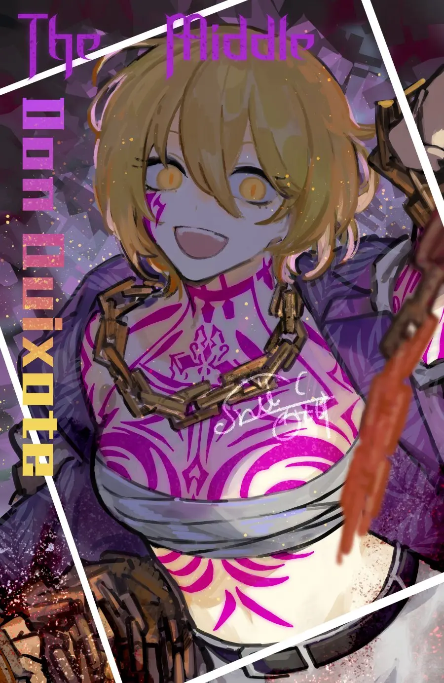 Image 1girls,female,looking_at_viewer,open_clothes,smile,short_hair,yellow_eyes,cleavage,tattoo,blonde_hair,chains,tattoos,project_moon,limbus_company,don_quixote_(limbus_company),nishikujic