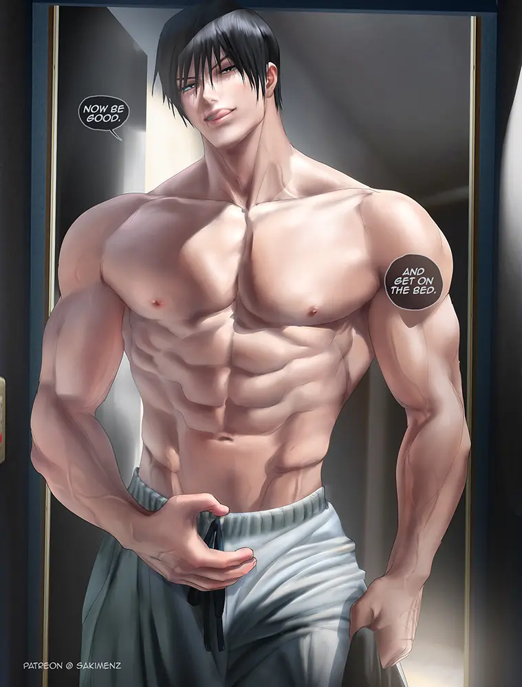 Image clothing,looking_at_viewer,solo,1boy,male,muscular,muscular_male,male_only,looking_down,low-angle_view,dialogue,licking_lips,abs,talking_to_viewer,half-dressed,jujutsu_kaisen,looking_down_at_viewer,shirtless,toji_fushiguro,sakimichan
