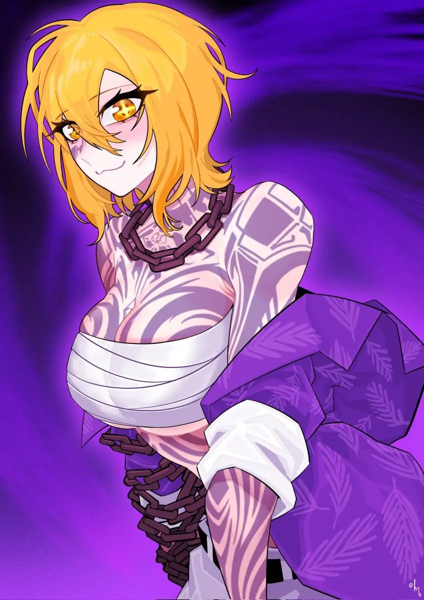 Image 1girls,big_breasts,blush,breasts,female,looking_at_viewer,open_clothes,shirt,smile,short_hair,tattoo,blonde_hair,:3,chains,sparkles,sparkling_eyes,tattoos,project_moon,limbus_company,shirt_down,don_quixote_(limbus_company),the_middle_(identity)_(project_moon)