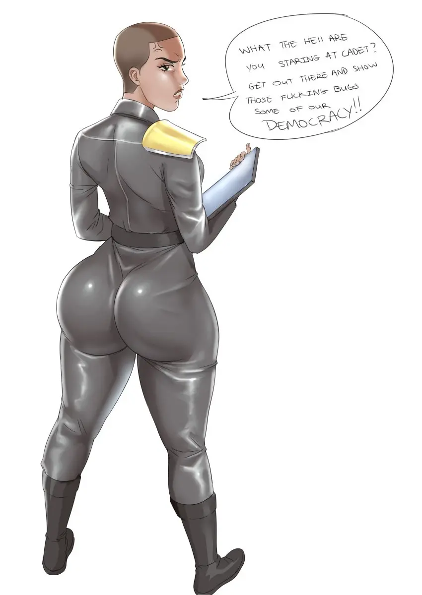 Image 1girls,female,solo,ass,huge_ass,dark_skin,from_behind,dark-skinned_female,ass_focus,english_text,angry,military_uniform,shaved_head,helldivers,helldivers_2,military,dat_ass,benjicomix,benjiii,ship_master_(helldivers)