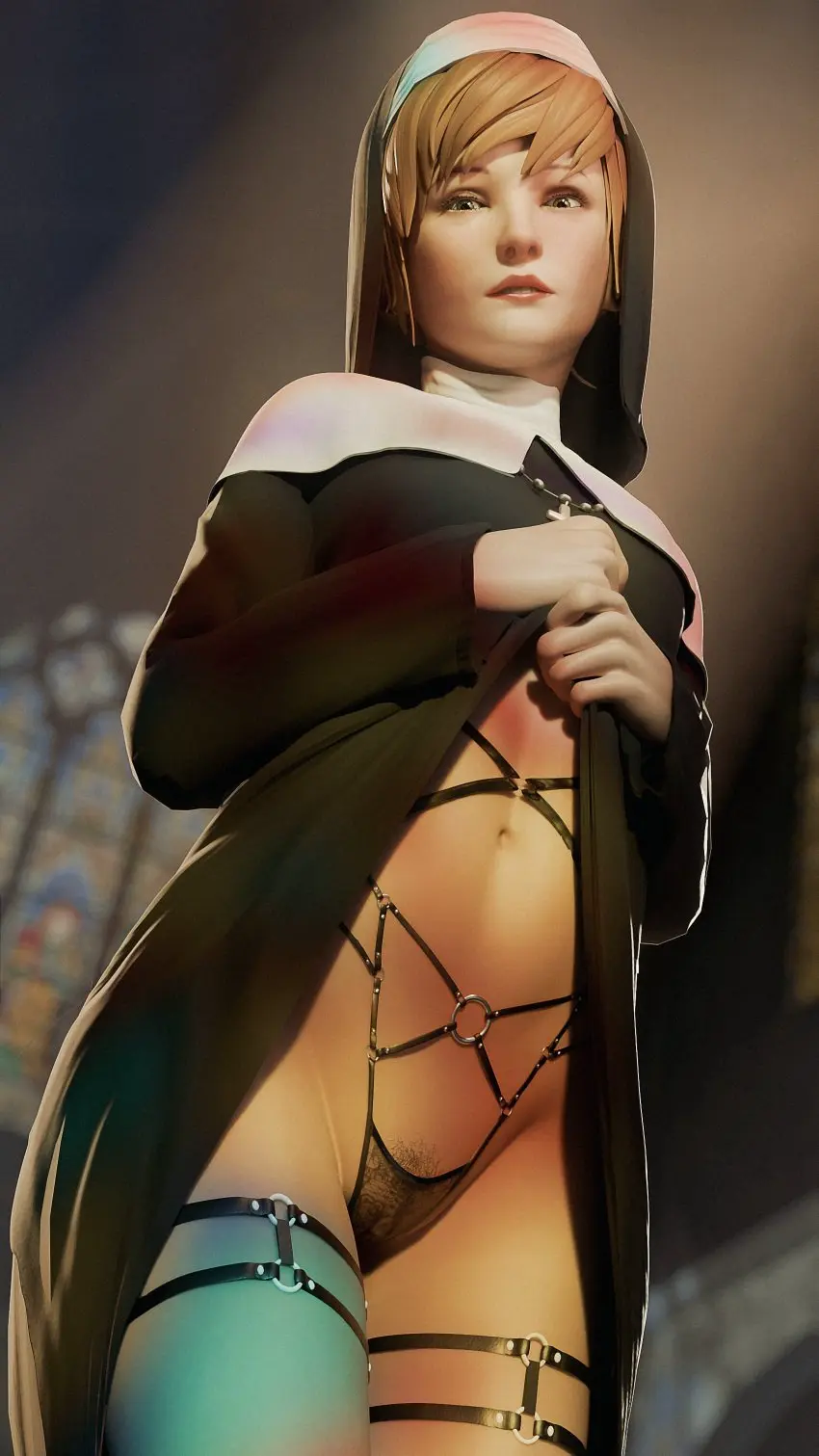 Image 1girls,female,female_only,looking_at_viewer,solo,panties,lingerie,blonde_hair,pubic_hair,3d,flashing,nun,nun_outfit,life_is_strange,exposing_self,kate_marsh,see-through_panties,bondage_harness,fugtrup