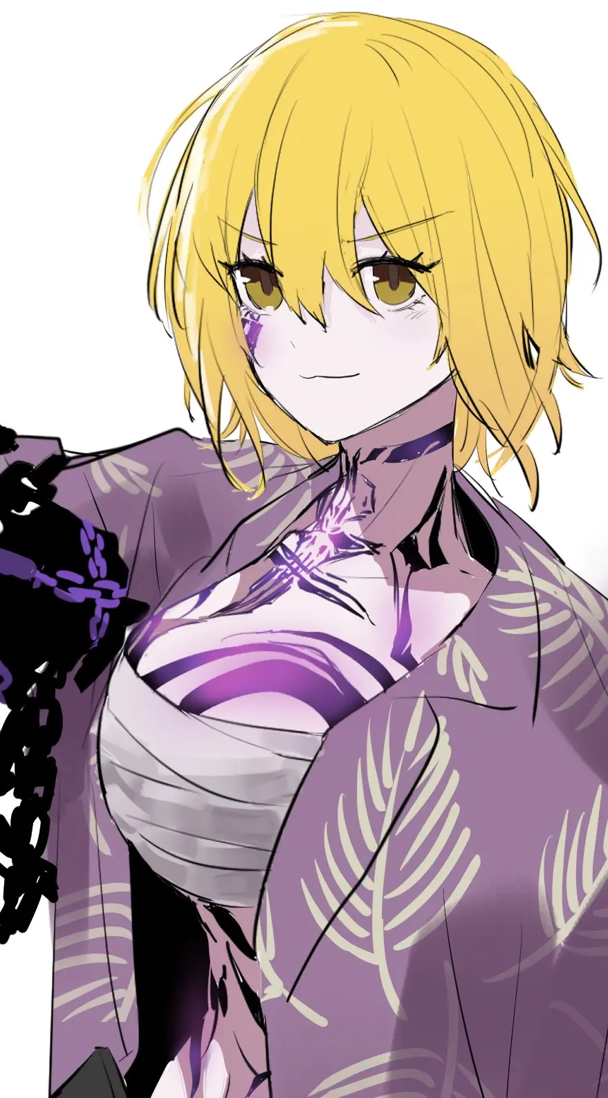 Image 1girls,big_breasts,blush,breasts,female,looking_at_viewer,shirt,smile,short_hair,yellow_eyes,cleavage,tattoo,blonde_hair,:3,tattoos,project_moon,limbus_company,don_quixote_(limbus_company)