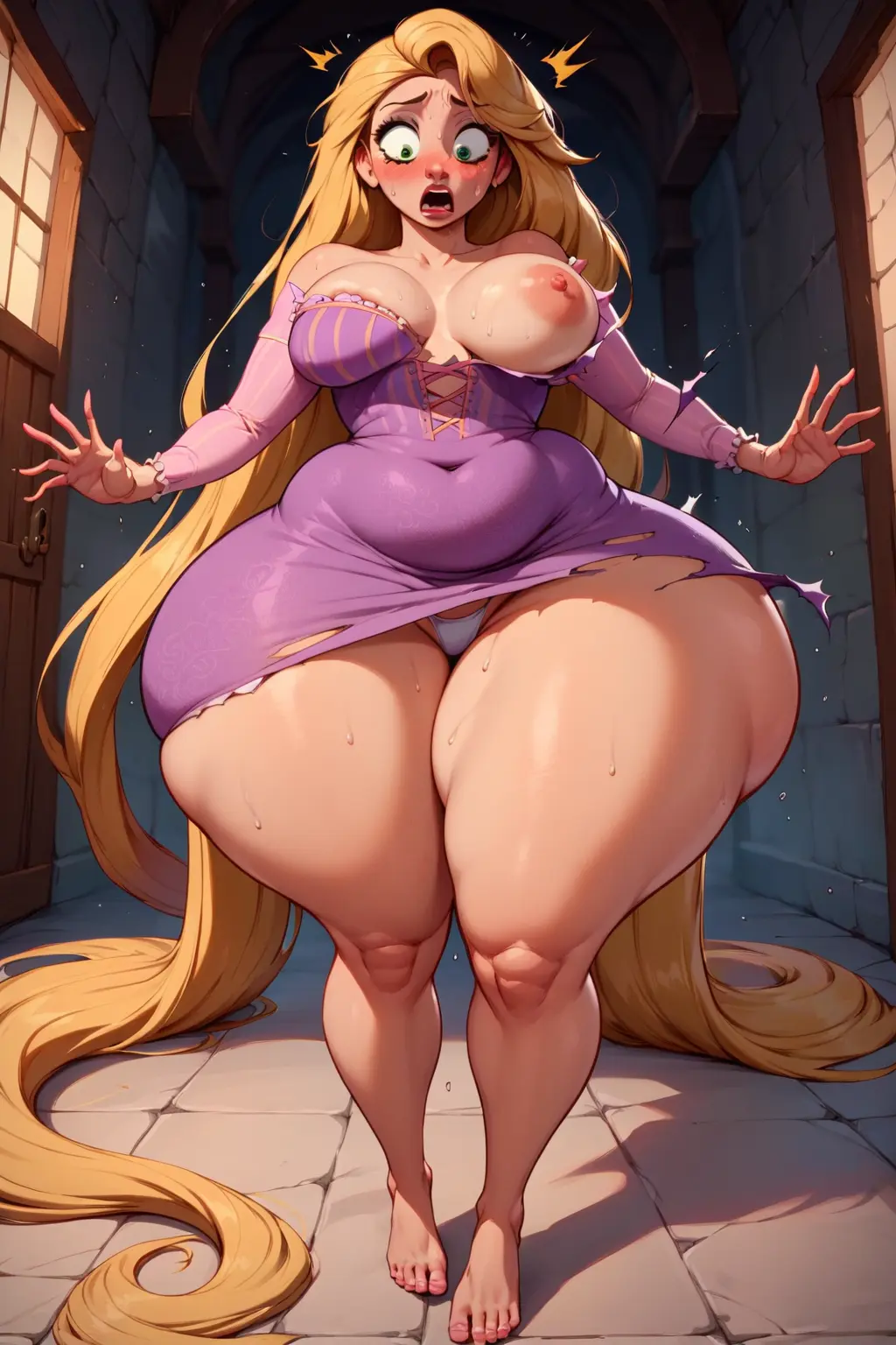 Image 1girls,big_breasts,breasts,breasts_out,female,female_only,large_breasts,long_hair,nipples,open_mouth,solo,sweat,panties,underwear,bottom_heavy,disney,thick_thighs,voluptuous,barefoot,wide_hips,areola,areolae,ai_generated,belly,big_belly,solo_female,huge_breasts,blonde_hair,green_eyes,voluptuous_female,dress,curvy,curvy_female,curvy_figure,sweatdrop,tight_clothing,stomach,surprised,big_thighs,thong,disney_princess,surprised_expression,torn_clothes,thunder_thighs,huge_thighs,love_handles,one_breast_out,shocked_expression,wardrobe_malfunction,ripped_clothing,purple_dress,rapunzel,tangled,scarebroart