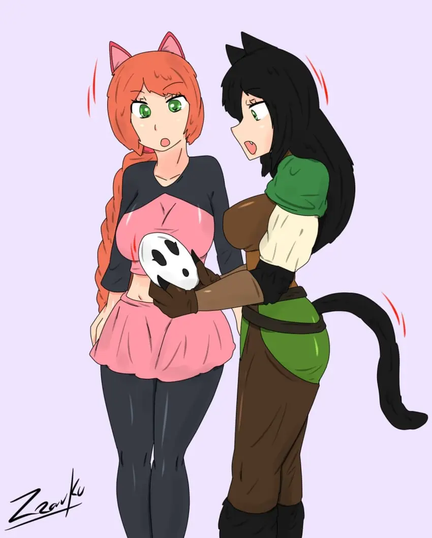 Image female,female_only,black_hair,multiple_girls,cat_ears,cat_girl,orange_hair,original,cat_tail,mario_(series),nintendo,femsub,transformation,mask,shy_gal,zronku,shygalization,kya_(nazwa),viltai_(viltai)