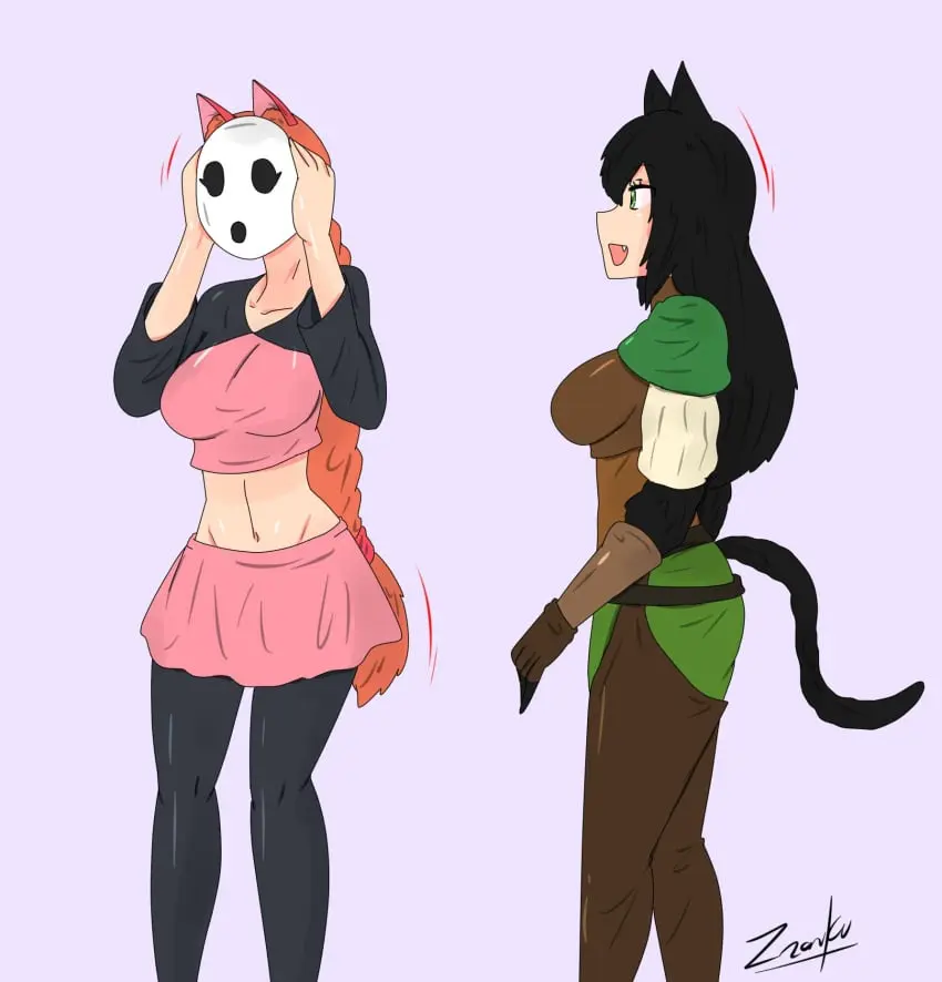 Image female,female_only,black_hair,multiple_girls,cat_ears,cat_girl,orange_hair,original,cat_tail,mario_(series),nintendo,femsub,transformation,mask,shy_gal,zronku,shygalization,pre-transformation,kya_(nazwa),viltai_(viltai)