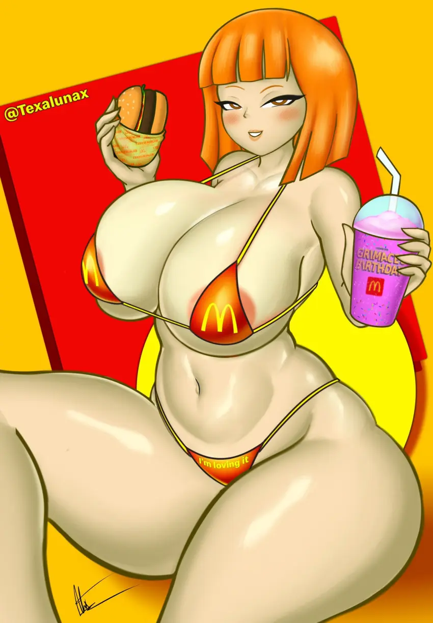 Image 1girls,big_breasts,blush,breasts,female,large_breasts,smile,navel,bikini,seductive,seductive_smile,thick_thighs,thighs,orange_hair,legs,busty,curvy_figure,asian,sensual,mcdonald's,half_naked,mom_(japanese_mcdonald's_commercial),yoru_mac,grimace_shake,nsfwtalex,telaxart,texalunax